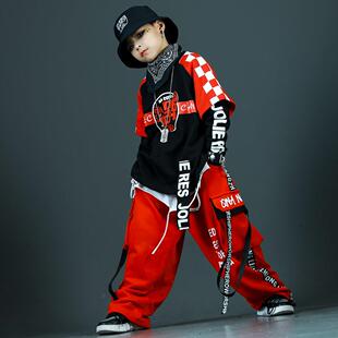 韩版幼儿街舞潮男童嘻哈风hiphop演出服红色工装裤假两件卫衣套装