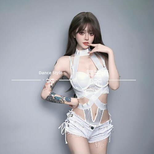 酒吧表演服装新女Dj领舞台时髦性感白色连身衣爵士舞蹈服装