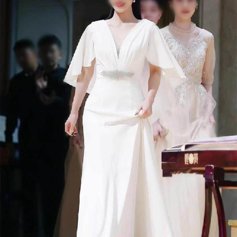 2025新款主持人演出晚礼服裙白色艺考声乐国风古筝演奏演出服长版