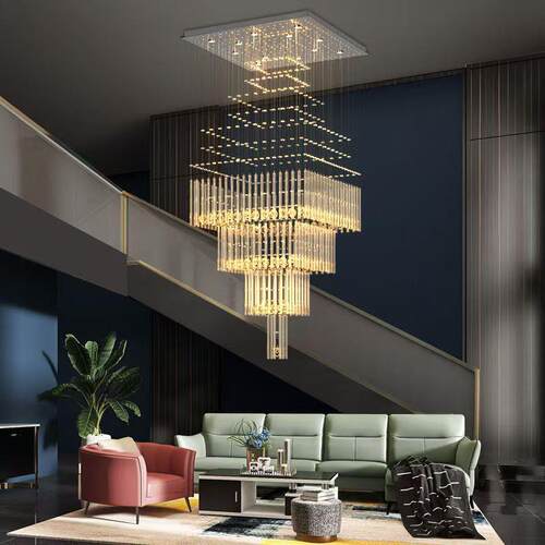 跨境复式楼别墅楼梯大吊灯loft豪华大客厅灯楼中楼方形水晶吊灯