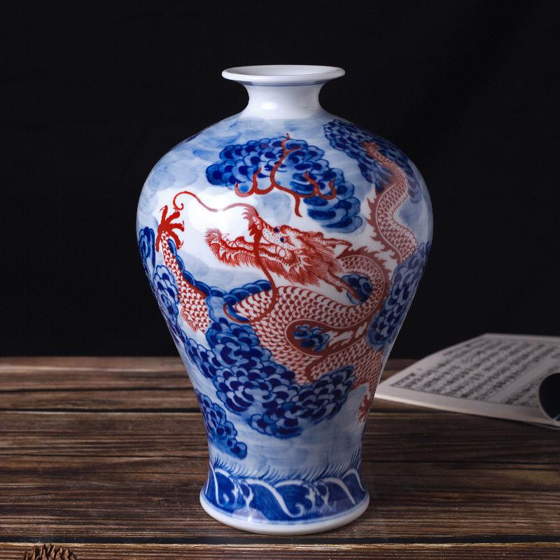 景德镇陶瓷仿古青花釉里红花瓶 中式瓷器家居玄关装饰摆件工艺品