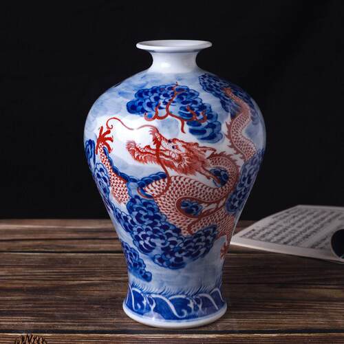 景德镇陶瓷仿古青花釉里红花瓶 中式瓷器家居玄关装饰摆件工艺品