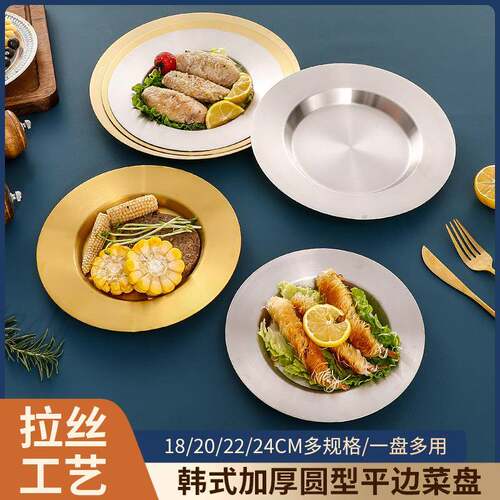不锈钢圆盘平边菜盘加厚意面盘子牛排餐厅餐盘耐用平底托盘商用