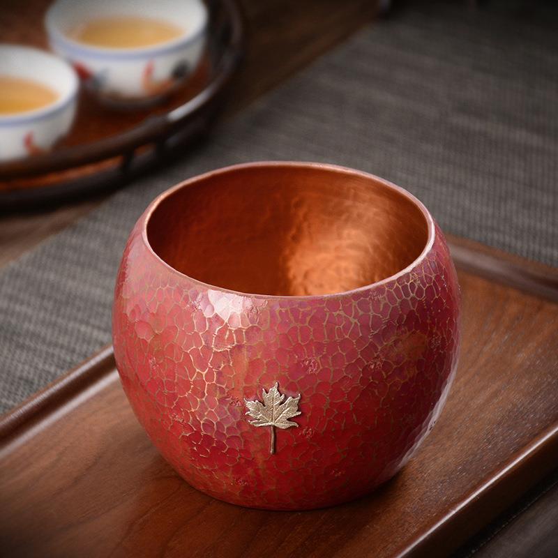 爱赏茶具配件手工紫铜嵌银枫叶茶洗建水高端铜器茶艺水盂茶渣缸