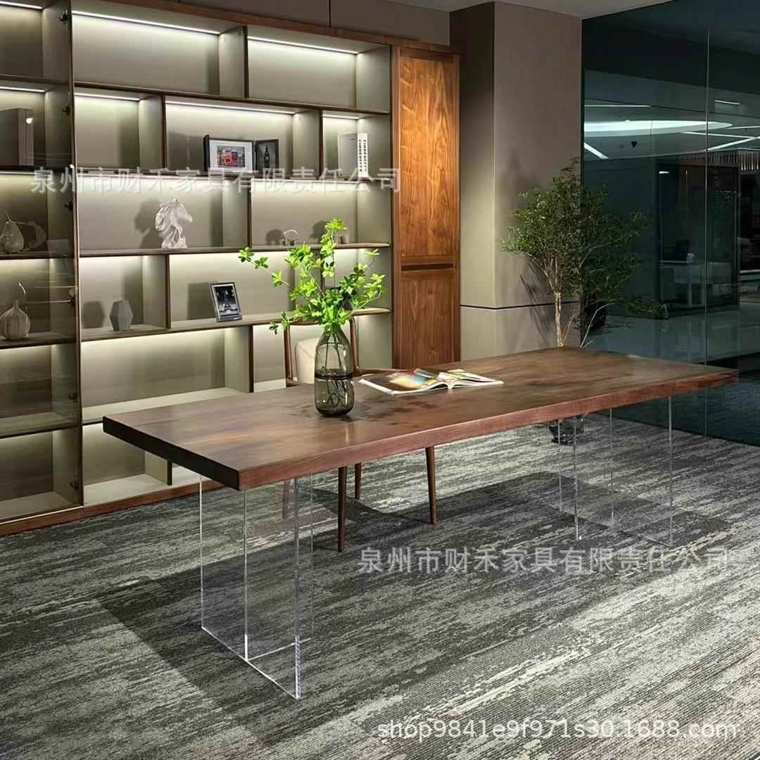 南美胡桃木茶桌亚克力悬浮书桌简约现代客厅高档茶台实木会议桌