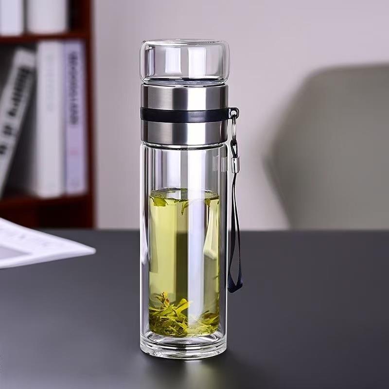 茶水分离杯双层透明商务礼品杯便携高硼硅隔热玻璃水杯地推小礼品