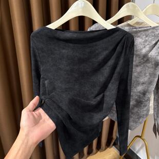 0325z 长袖 春夏一字领水墨扎染针织打底衫 女不规则下摆一字肩薄款