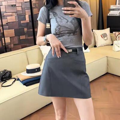 【一比Eby】 港风派对 立体剪裁百搭皮带灰色半身裙短裙女241758#