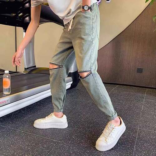 Trend Mr潮牌夏季韩版破洞牛仔裤男个性高级感时尚直筒九分休闲裤