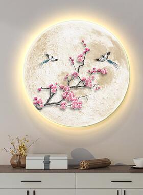 新中式玄关装饰画入户走廊过道圆形led灯画高档寓意好餐厅壁画