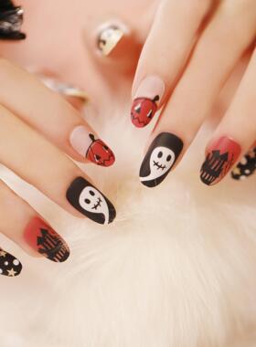 黑色蝴蝶结纯手工新年款2024裸色猫眼美甲成品短款指甲贴片