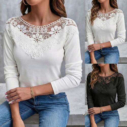 Lace patchwork long sleeved round neck top, women's