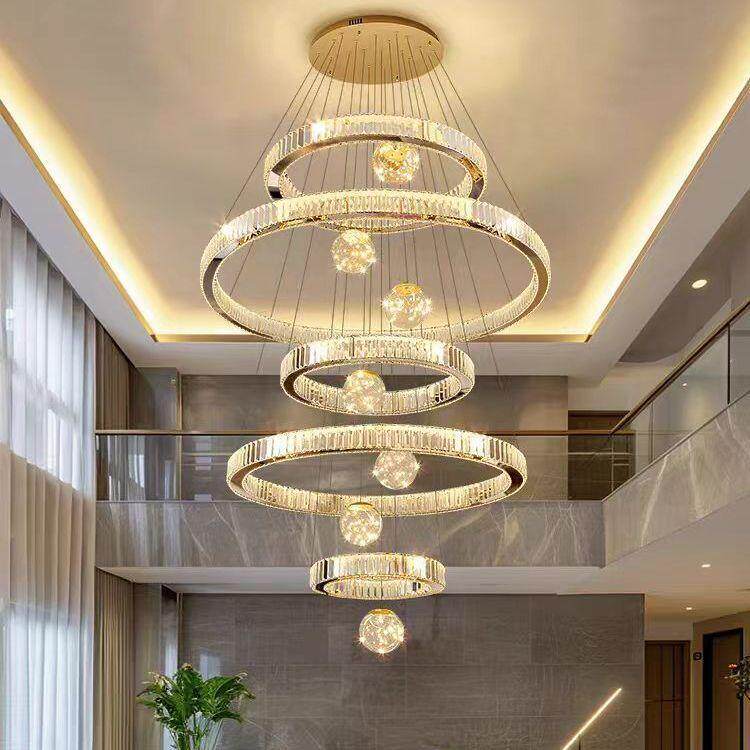 复式楼别墅中空大吊灯简约轻奢水晶灯楼中楼自建房挑空客厅楼梯灯