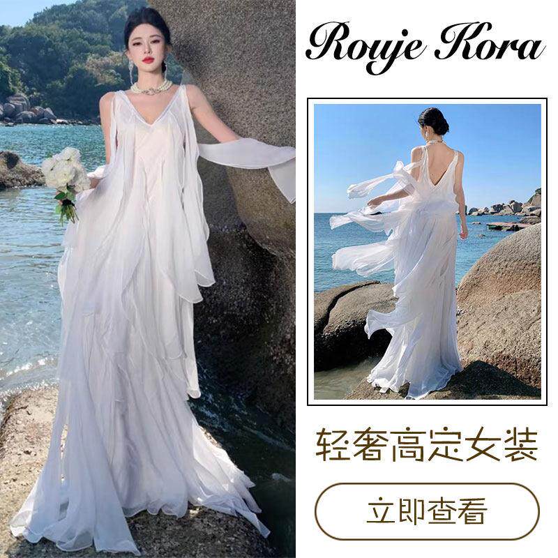 Rouje Kora法式重工连衣裙长裙女夏季飘逸小礼服V领无袖高腰长裙