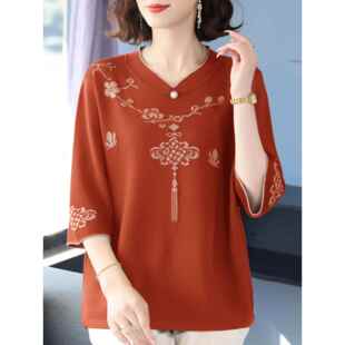 母亲民族风冰丝上衣松盖桑蚕丝t恤 100公斤中老年时尚 加码 女装