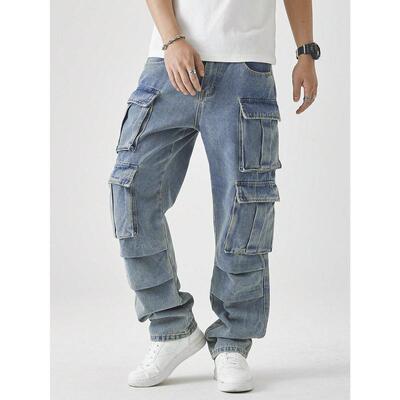 X 350 跨境Men's Casual Washed Straight Leg Cargo Jeans