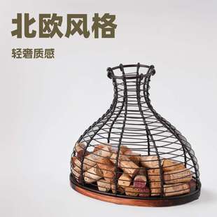2023新款 饰品跨境批发 创意木底酒塞篮北欧风格 客厅餐厅摆件手工装