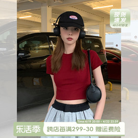 宋正恩女装红色t恤女短袖短款紧身辣妹，上衣夏装纯棉修身正肩体恤