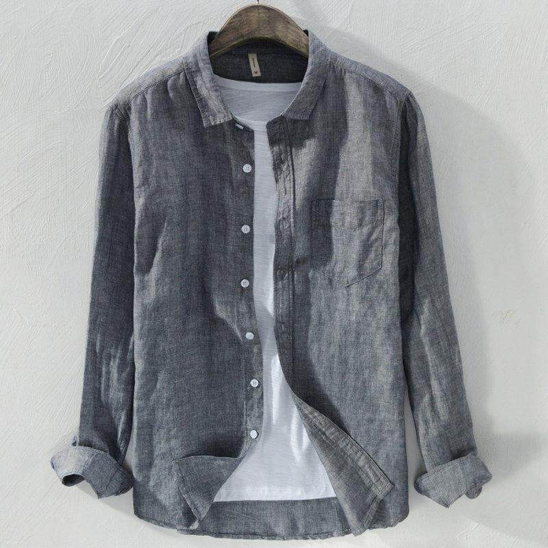 香港春夏季亚麻衬衫外套男长袖休闲棉麻衬衣薄款上衣透气麻布衣服