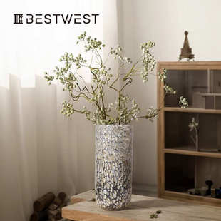 饰品 大理石鹅卵石直筒柱状水培玻璃花瓶样板间花器软装 Best west