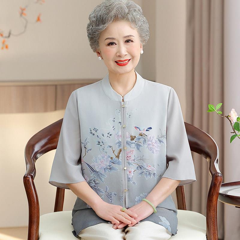 【桑蚕丝100%】国风中老年人奶奶夏装衬衫女开 衫真丝透气上衣套
