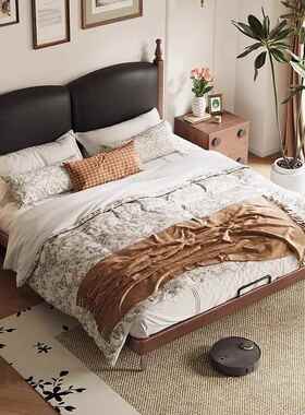 中古黑色油蜡皮1.8米双人风YH-69099床主卧法式复古软床包实木床