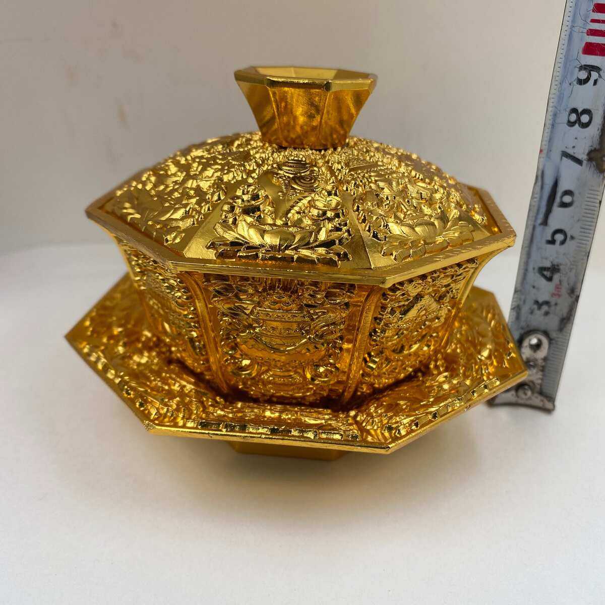镀金杂项纯铜茶碗盖碗吉祥古玩摆件家用八宝收藏茶具
