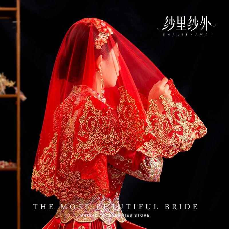 红盖头新娘出嫁新款半透明头纱中式结婚礼秀禾头饰红色蒙头巾