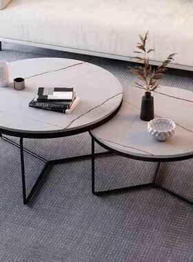 意轻奢边岩XH131板茶几圆形大理式茶桌现代简约石客厅家用小户型