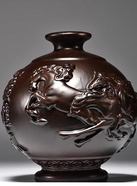 黑檀木到雕八骏雄风木花瓶厅摆件马成功客插花装饰家居实TQ-720质