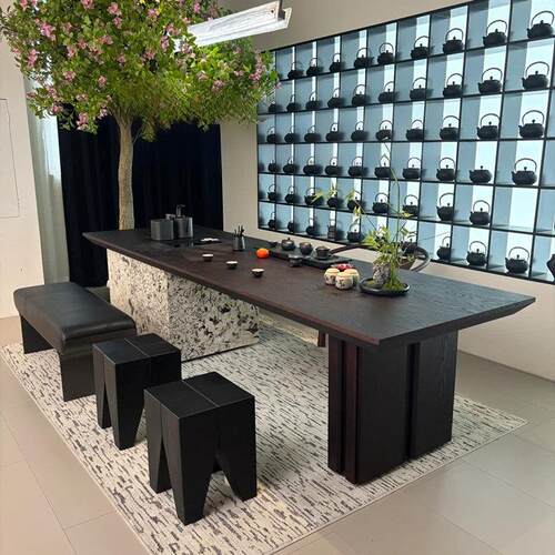 新中式胡桃木实木茶桌现代简约高端办公室家用岩板茶台泡茶桌椅