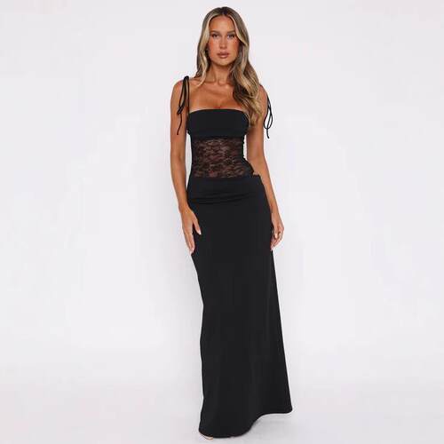 Lace one shoulder camisole slit long skirt patchwork