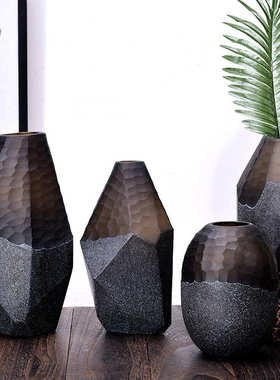 新款网红宅寂风 欧式手工磨刻几何型拼接色玻璃花瓶摆件家居办公