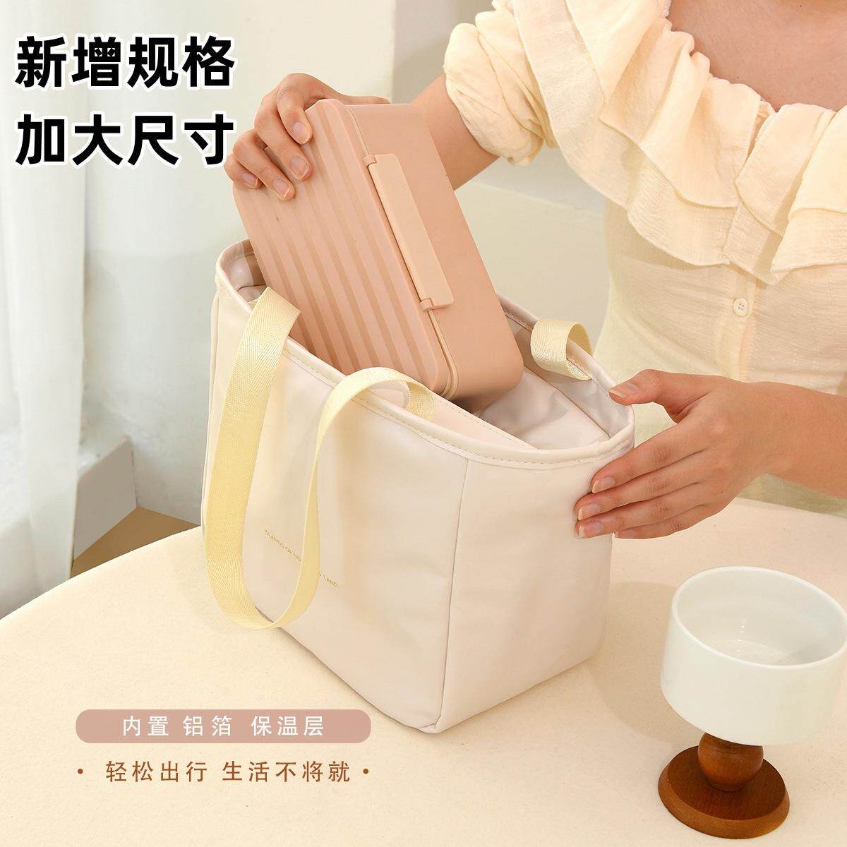 现代简约PU皮防水午餐包上班族高颜值便当包大容量铝箔保温餐包