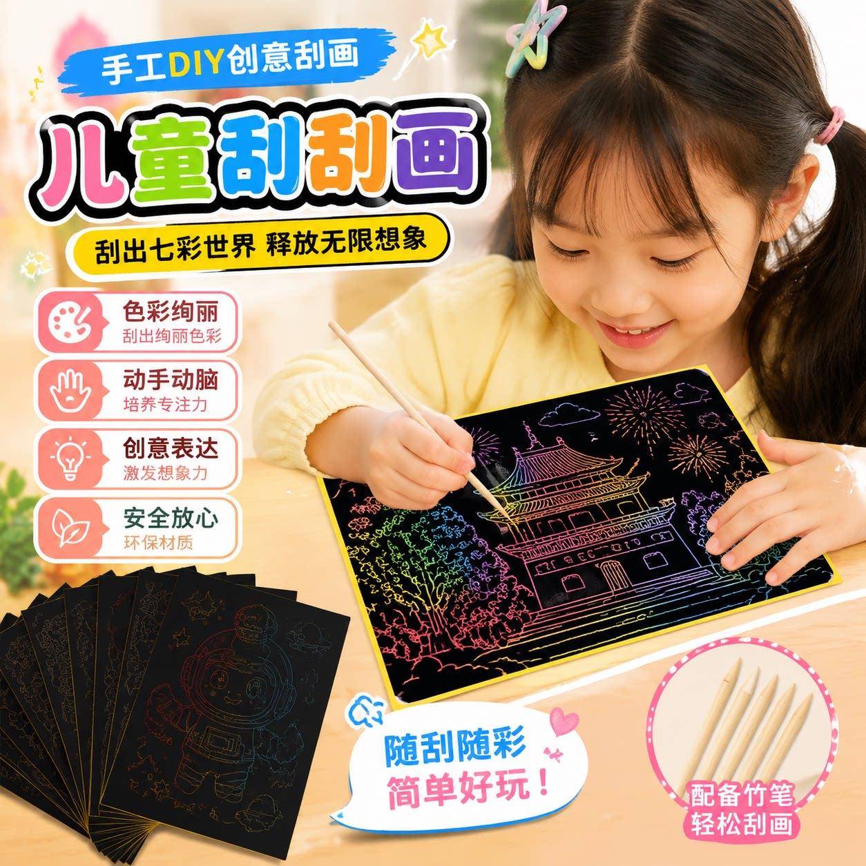 刮刮画中国风彩虹儿童手工闪闪便签刮色diy手工减压解压刮刮画纸