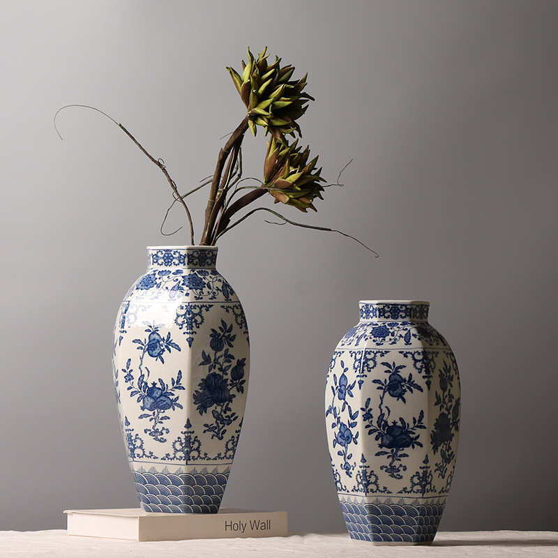 中式青花瓷海水纹折纸花果纹装饰品 陶瓷花瓶创意插花摆件 三件套