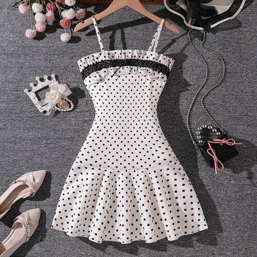 Girls Polka Dot Strap Dress Lace Trimmed Hem Slim Sweet