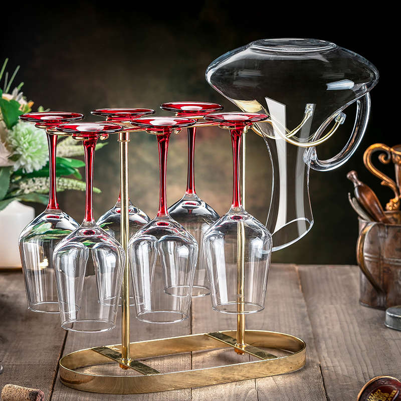 高档彩杆红酒杯醒酒器套装家用杯架葡萄酒杯玻璃高脚杯子奢华酒具