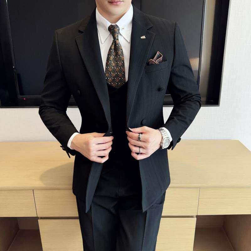 秋冬季新款男士双排扣西服套装条纹韩版修身新郎结婚礼服休1212n