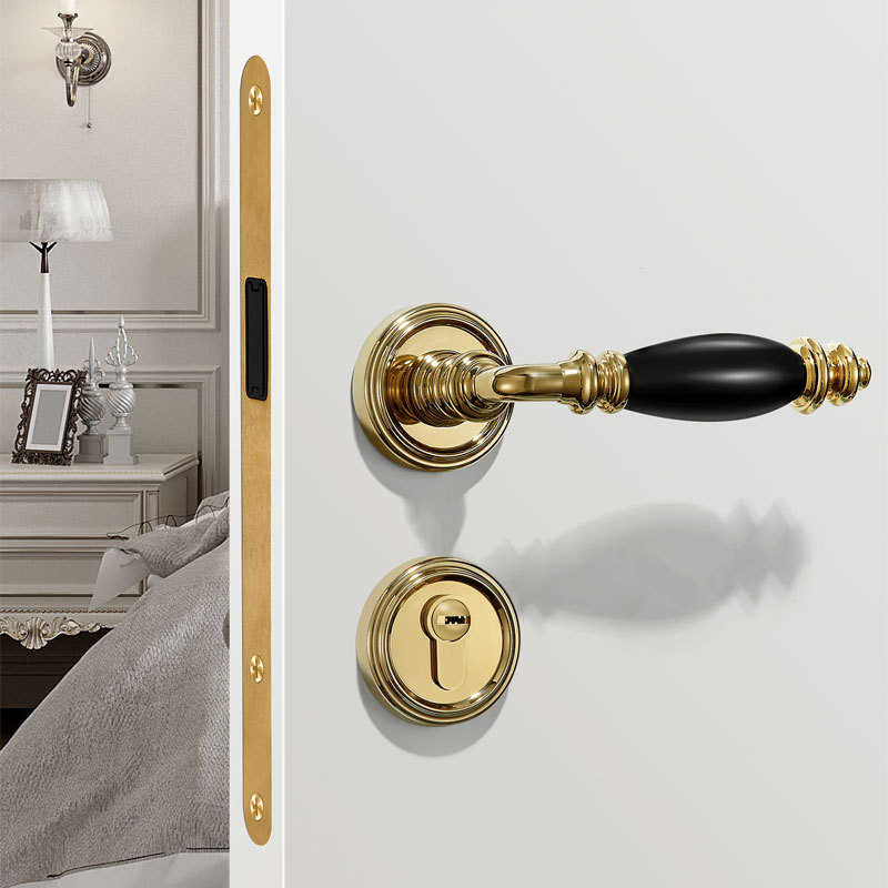卧室木门陶瓷门把手高档轻奢亮金色分体式门锁磁吸静音锁体锁具