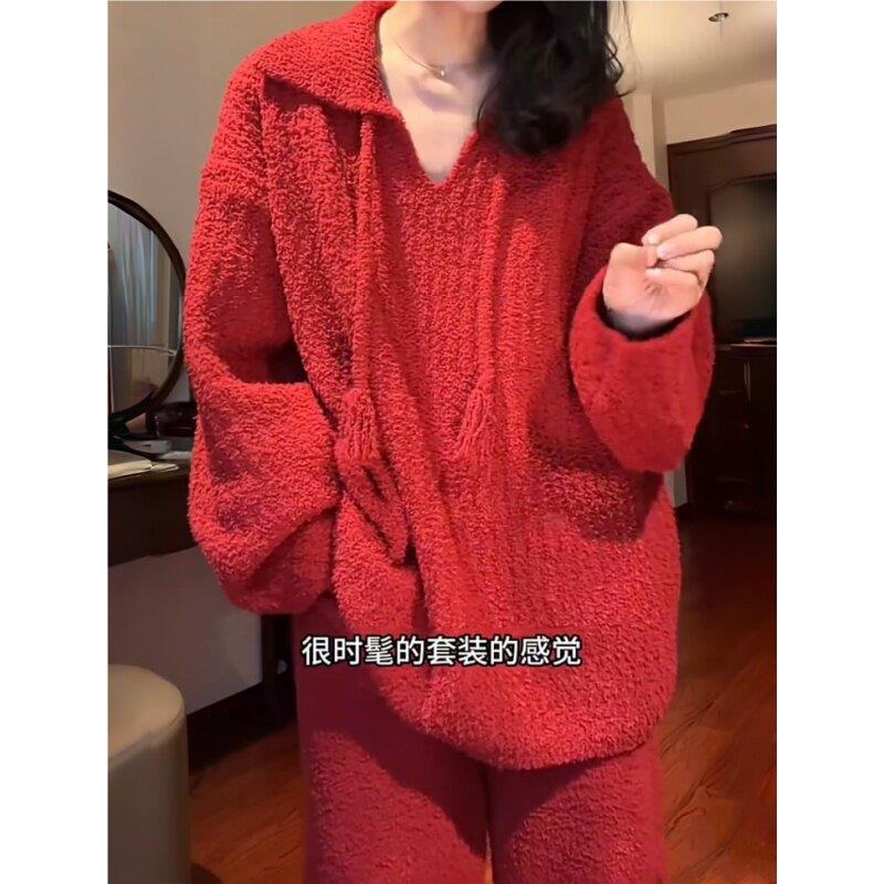 睡衣女款秋冬款加绒加厚保暖可外穿高级感红色半边绒家居服套装
