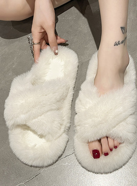 外贸交叉毛毛拖鞋女外穿2025秋冬新款家居棉拖鞋室内毛绒拖可代发