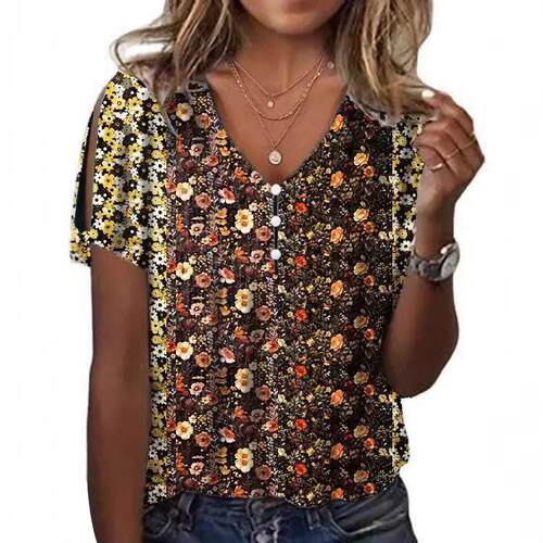 Printed three button V-neck T-shirt top T-shirt