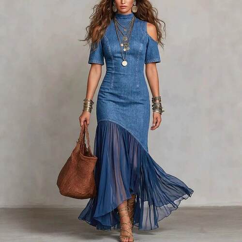 Shoulderless slimming short sleeved mesh hem dress