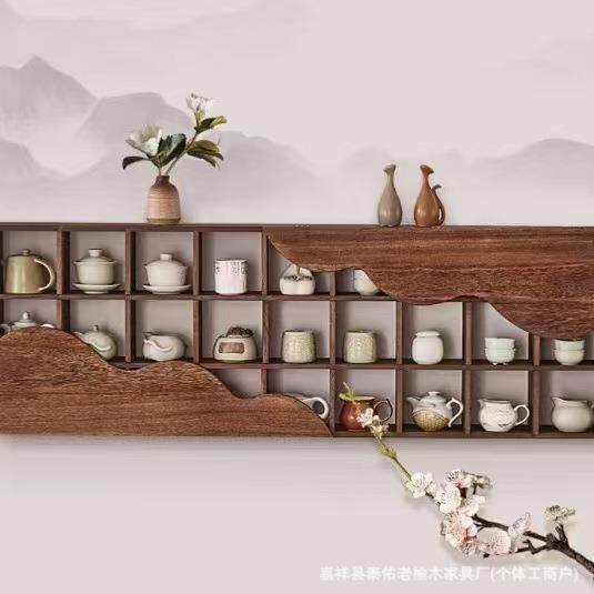 实木花瓶古董博古架中式多宝阁展示架壁挂式老榆木紫砂壶瓷器展示