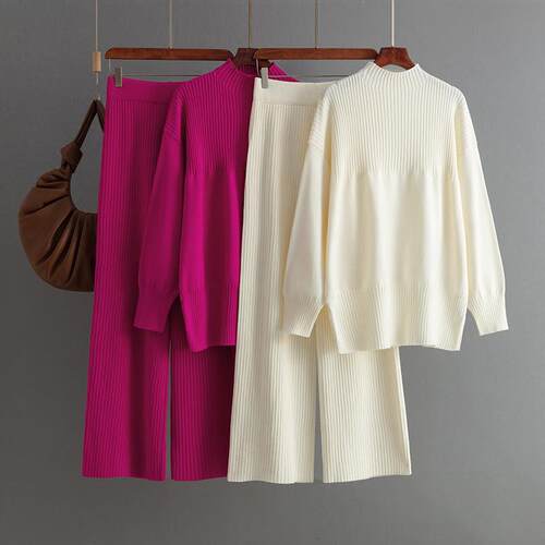 Women's Solid Color Round Neck Drop Shoulder Long Pants Set