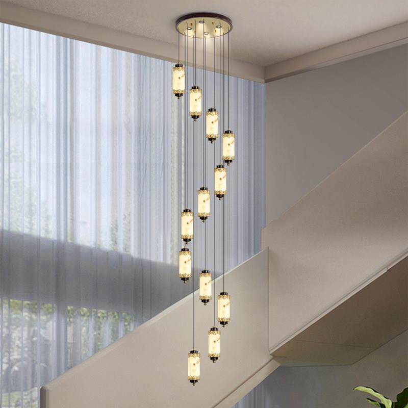 全铜新中式楼梯吊灯仿云石别墅旋转loft公寓中空挑高楼梯长线灯具