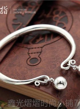 正品银手镯女99足银宫铃品环铛光面实心纯银饰9开口网红年轻款手