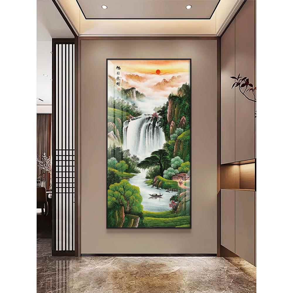 国画旭日东升山水画中式迎客松挂画玄关过道壁画客厅装饰画流水画