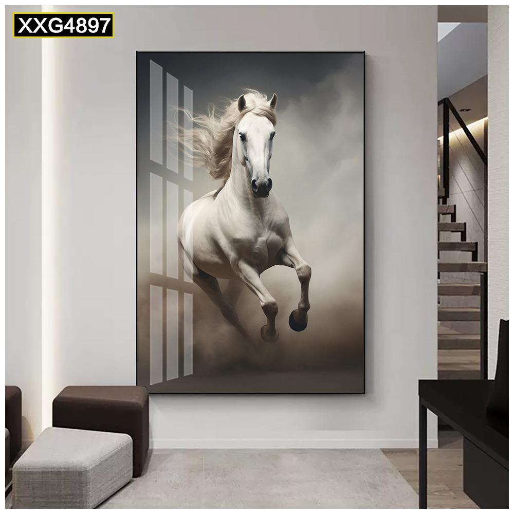 现代简约白色骏马客厅装饰画玄关走廊过道挂画竖版餐厅卧室墙壁画